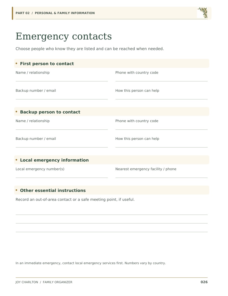 Sample page: Emergency contacts