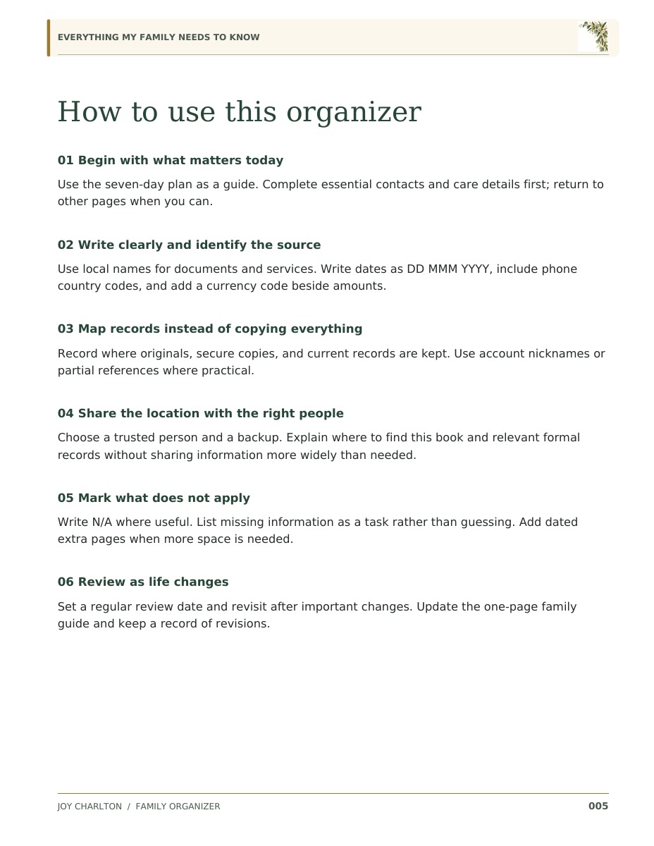 Sample page: How to use your organizer
