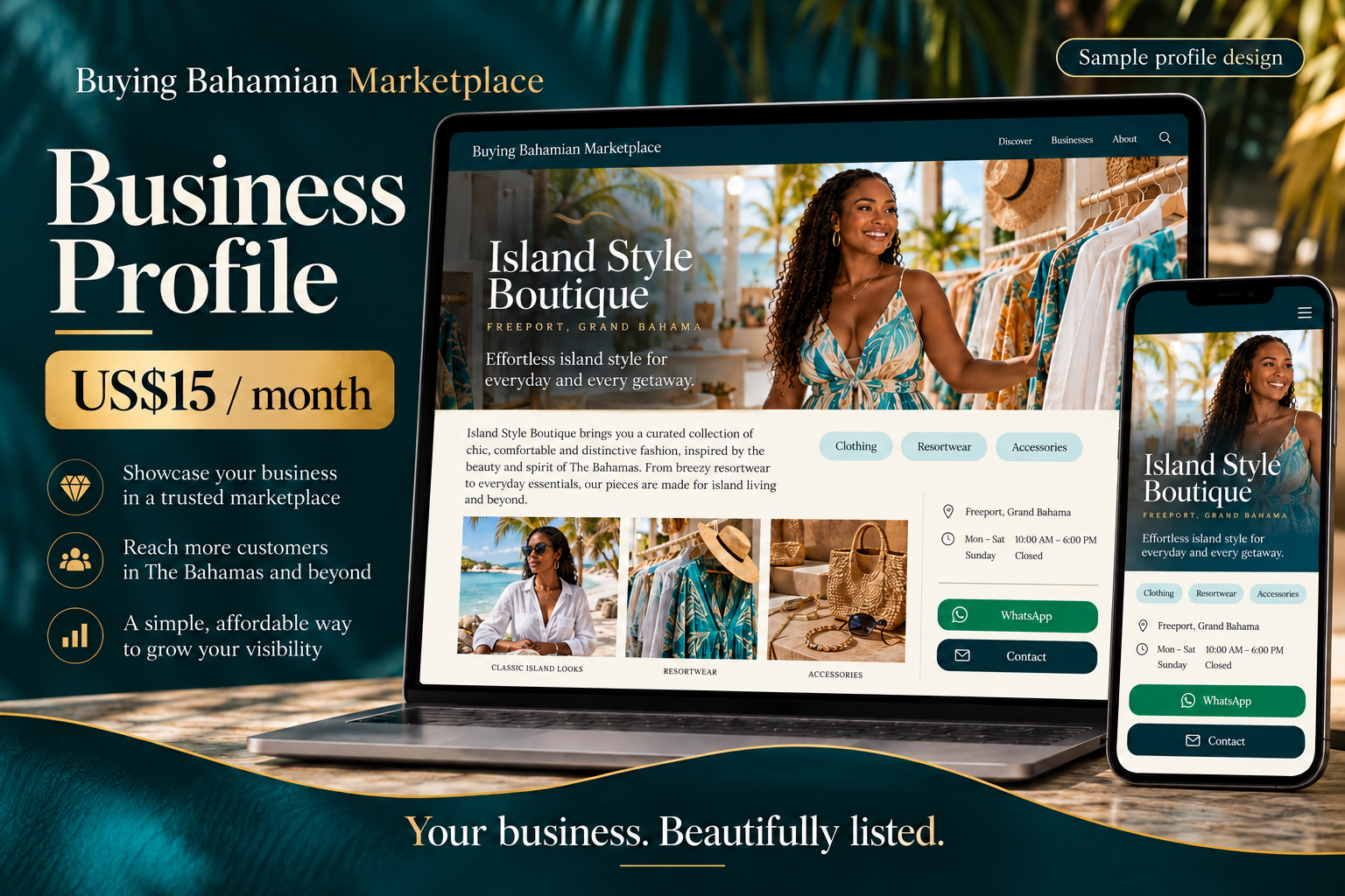 Business Profile design preview at US$15 per month