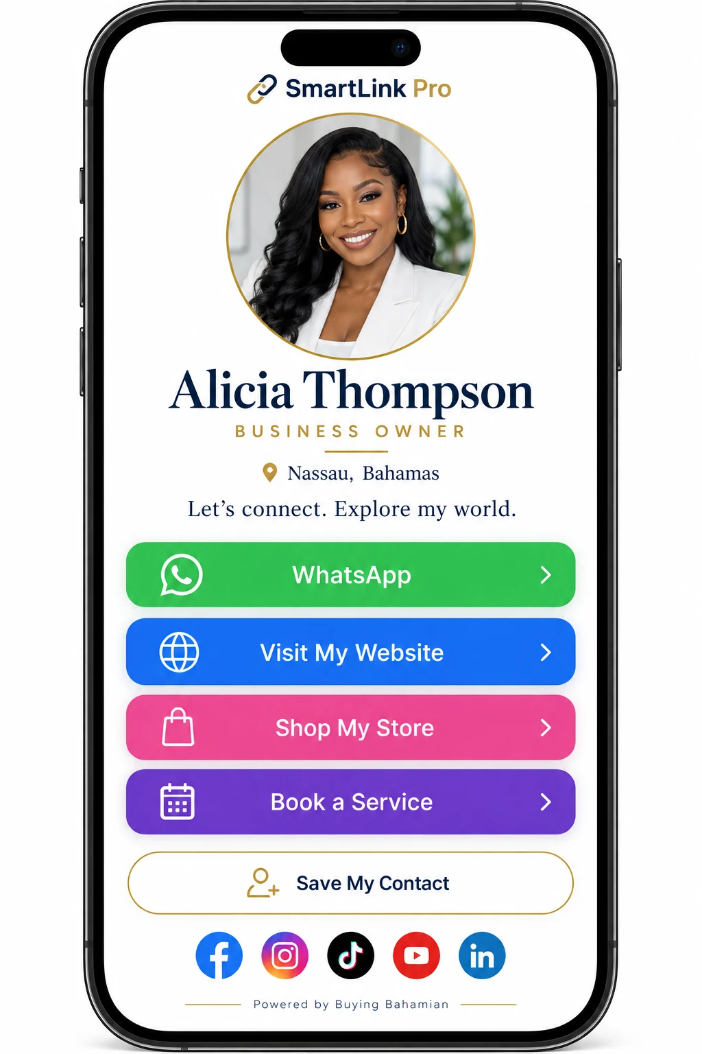 Sample SmartLink Pro digital profile with a portrait, business introduction, website, WhatsApp, shop and booking buttons.