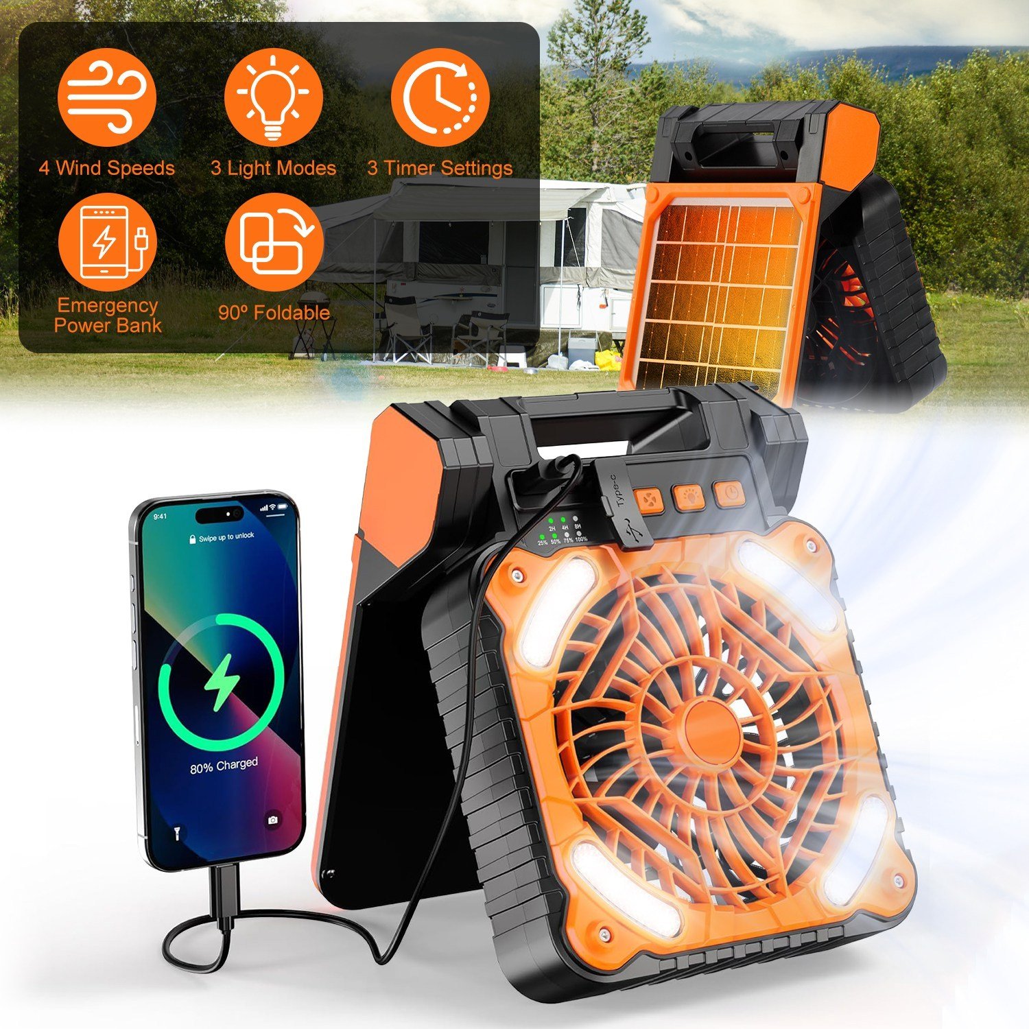 Solar Camping Fan With LED Lantern 5200mAh Rechargeable Battery
